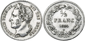 BELGIQUE, Royaume, Léopold Ier (1831-1865), AR 1/2 franc, 1834. Dupriez 94. Nettoyé.
Très Beau à Superbe