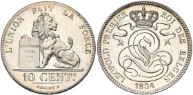 BELGIQUE, Royaume, Léopold Ier (1831-1865), 10 centimes, 1834. Refrappe en argent. Tranche lisse. Bogaert 101B2.
Fleur de Coin