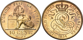 BELGIQUE, Royaume, Léopold Ier (1831-1865), 10 centimes, 1834. Refrappe en bronze clair. Tranche lisse. Bogaert 101B5. Rare.
Fleur de Coin