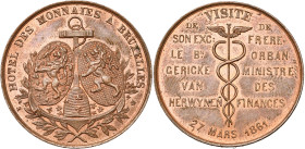 BELGIQUE, Royaume, Léopold Ier (1831-1865), module de 2 francs, 1861. Visite de la Monnaie. Cuivre. Tranche lisse. Frappe médaille. Dupriez 832.
pres...