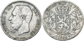 BELGIQUE, Royaume, Léopold II (1865-1909), AR 5 francs, 1866. F sans point. Bogaert 1005A. Rare.
Beau à Très Beau