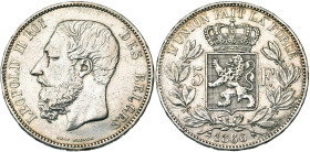 BELGIQUE, Royaume, Léopold II (1865-1909), AR 5 francs, 1866. F. avec point. Bogaert 1005B. Rare. Nettoyé.
presque Très Beau