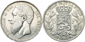 BELGIQUE, Royaume, Léopold II (1865-1909), AR 5 francs, 1868. Pos. A. Grande tête et signature le long du cou. Dupriez 1092. Rare. Nettoyé.
Provient ...