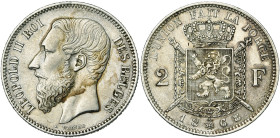 BELGIQUE, Royaume, Léopold II (1865-1909), AR 2 francs, 1868. Type A. Avec croix sur la couronne. Dupriez 1095. Taches.
Très Beau