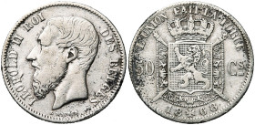BELGIQUE, Royaume, Léopold II (1865-1909), AR 50 centimes, 1868. Dupriez 1099. Très rare. Nettoyé. Griffes au revers.
Beau à Très Beau