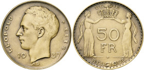 BELGIQUE, Royaume, Léopold III (1934-1951), médaille, 1937, Bonnetain. Projet pour la pièce de 50 francs. AE, 70 mm.
Superbe