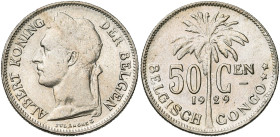 CONGO BELGE, Albert Ier (1909-1934), Cupro-nickel 50 centiemen, 1929 NL. Bogaert 266B4. Très rare.
Superbe à Fleur de Coin
