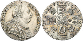 GRANDE-BRETAGNE, Georges III (1760-1820), AR shilling, 1787. Avec semée de coeurs dans l'écusson de Hannovre. D/ B. lauré, cuir. et dr. à d. R/ Quatre...