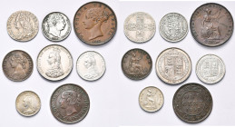GRANDE-BRETAGNE, lot de 8 p.: Georges II, sixpence 1758; Georges III, sixpence 1816 (nettoyé); Victoria, halfpenny 1853, farthing 1879, shilling 1887,...