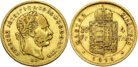 HONGRIE, François Joseph Ier (1848-1916), AV 4 forint/ 10 francs, 1871 KB, Kremnitz. Jaeckel 363; Huszar 2119; Fr. 248. Rare.
Beau à Très Beau