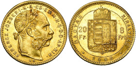 HONGRIE, François Joseph Ier (1848-1916), AV 8 forint/ 20 francs, 1883 KB, Kremnitz. Jaeckel 364a; Fr. 87.
Très Beau à Superbe