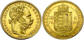 HONGRIE, François Joseph Ier (1848-1916), AV 8 forint/ 20 francs, 1884 KB, Kremnitz. Jaeckel 364a; Fr. 243.
Très Beau à Superbe