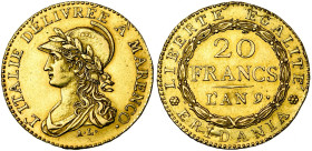 ITALIE, REPUBLIQUE SUBALPINE, (1800-1802), AV 20 francs, an 9 (1800), Turin. Victoire de Marengo. M. 6; G. 1a. Rare. Le droit légèrement nettoyé. Lége...