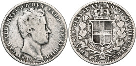 ITALIE, SAVOIE et SARDAIGNE, Charles Albert (1831-1849), AR 1 lira, 1838 P, Turin. M. 176; G. 126. Rare.
Beau