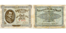 BELGIQUE, Banque Nationale, 20 francs, 27.08.1914. Comptes courants. M.E. 23. Très rare. Traces de plis et trous d'épingle. Légèrement recollé sur les...