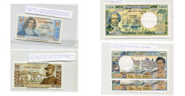FRANCE, lot de 5 billets, émissions d'Outre-Mer: Saint-Pierre et Miquelon, 10 francs et 20 francs s.d. (1950-1960); Polynésie française, 500 francs s....