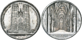 BELGIQUE, AE argenté médaille, 1848, J. Wiener. Eglise collégiale des Saints-Michel-et-Gudule à Bruxelles. D/ Vue extérieure de la façade. R/ Vue inté...