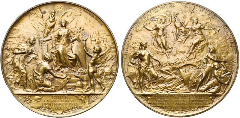 CHILI, AE médaille, 1885, L. Bottée. Traité de paix entre le Chili, le Pérou et ...