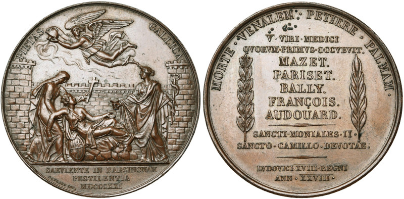 ESPAGNE, AE médaille, 1821, Gayrard. Epidémie de fièvre jaune à Barcelone. D/ La...