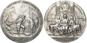 ETATS-UNIS, AR médaille, 1909, E. Fuchs. 300e anniversaire de la découverte de l'Hudson River. D/ Henry Hudson à bord de son navire, explorant la rivi...