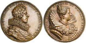 FRANCE, AE médaille, 1627, G. Dupré. Louis XIII et Anne d'Autriche. D/ B. du roi à d. R/ B. de la reine à d. Forrer I, 656. 59 mm Fonte postérieure de...