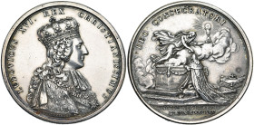 FRANCE, AR médaille, 1775, Duvivier. Sacre de Louis XVI à Reims. D/ B. couronné à d., vêtu du manteau d'hermine. R/ DEO CONSECRATORI Le roi agenouillé...