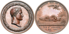 FRANCE, AE médaille, 1821, Andrieu. Mort de Napoléon à Sainte-Hélène. D/ T. l. de l'empereur à d., dans une couronne portant les noms de ses grandes v...