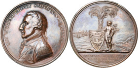 GRANDE-BRETAGNE, AE médaille, 1799, Hancock. Défense d'Acre assiégée par Bonaparte. D/ B. de l'amiral Smith à g. R/ Un jeune homme ten. un écu sous un...