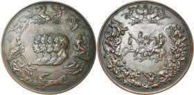 GRANDE-BRETAGNE, AE médaille, s.d. (1816), Pistrucci. Commémoration de la victoire de Waterloo. D/ B. l., dr., accolés à g. des quatre souverains alli...