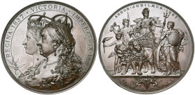 GRANDE-BRETAGNE, AE médaille, 1887, Scharff. Jubilé du règne de Victoria. D/ B. accolés et couronnés à g. de Victoria jeune et âgée. R/ Britannia ten....