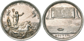 PAYS-BAS SEPTENTRIONAUX, AR médaille, 1696, Arondeaux. Apaisement des troubles à Amsterdam. D/ Neptune deb. sur son char marin, commandant aux vents d...