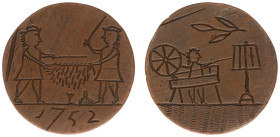 Copper medal, possibly smoothed duit, with engravings on both sides: on the obverse two men preparing textiles with sticks (uncertain interpretation),...