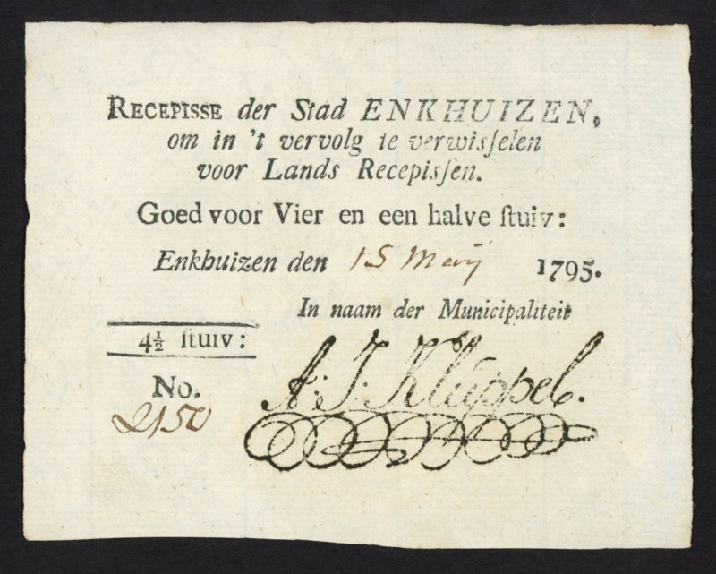 Assignaten - Enkhuizen, Stedelijk recepis van 4½ stuivers 1795 - printed in blac...