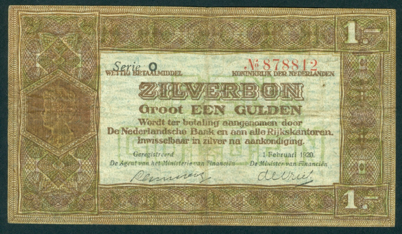 Netherlands - 1 Gulden 1.2.1920 Zilverbon 1 letter 6 digits MISPRINT (Mev. 03-1a...