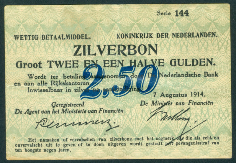 Netherlands - 2½ Gulden 7.8.1914 Zilverbon MISPRINT back 'abklatsch' (Mev. 9-1c,...