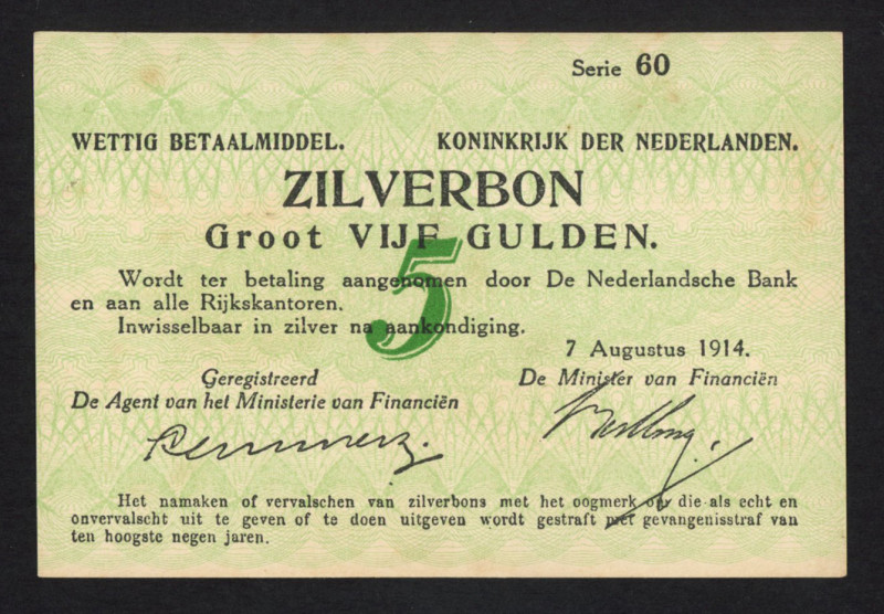 Netherlands - 5 Gulden 1914 Silver certificate (Mev. 21-1b /AV 16.1b / PL20b / P...