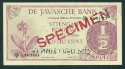 Nederlands-Indië - ½ Gulden 1948 SPECIMEN diagonal in red face and back (P. 97s / PLNI31.1.s1) - serie AA/18 546100 - perforated 'VERNIETIGD MO' - XF+...