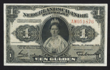 Nederlands-Indië - 1 Gulden 12 augustus 1919 Muntbiljet Wilhelmina (P. 100 / Mev. 160a / PLNI19.1a) - stamped titles - sign. Talma 27 mm. placed to th...