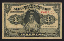 Nederlands-Indië - 1 Gulden 7.2.1920 Muntbiljet Wilhelmina (P. 100 / Mev. 160b / PLNI19.1a) - printed titles - sign. Talma 21 mm. placed low - F/VF