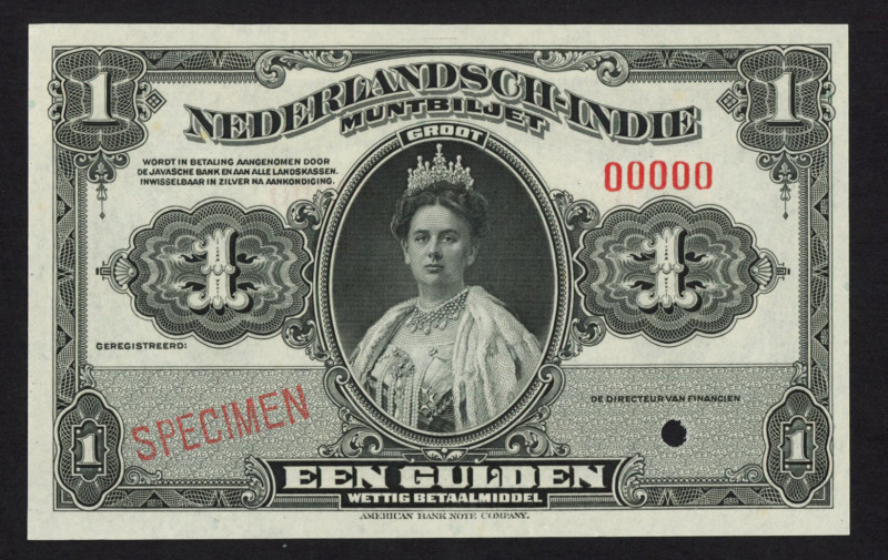 Nederlands-Indië - 1 Gulden (1919/1920) Muntbiljet Wilhelmina SPECIMEN (P. 100s ...