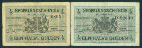 Nederlands-Indië - ½ Gulden 1920 Muntbiljet (P. 102 / Mev. 162a+b / PLNI21.1a+b) - paper with and w/o fibres - Total 2 pcs. in Fine + VF