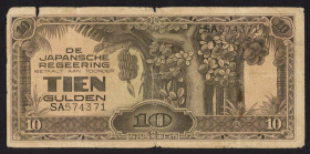 Nederlands-Indië - Jap. Occupation WW II - 10 Gulden ND (1942-1945) Block SA #574371 (P. 125a) - several pieces missing - Good.