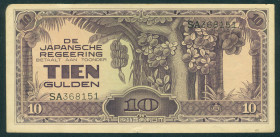 Nederlands-Indië - Jap. Occupation WW II - 10 Gulden ND (1942) with serial no. SA368151 (P. 125a / PLNI25.7a) - rounded corner top left - VF/XF