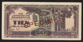 Nederlands-Indië - Jap. Occupation WW II - 10 Gulden ND (1942-1945) Block SI without serial# (P. 125s) - Specimen overprint - perforation "vernietigd"...