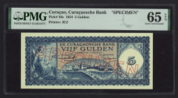 Curaçao - 5 Gulden 25.11.1954 Willemstad SPECIMEN (P. 38s / PLNA15.1sa) - ovpt. SPECIMEN open letters diagonally in red on face and back + serie No. 0...