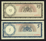 Nederlandse Antillen - 5 gulden 2.1.1962 (P. 1b) UNC, 25 gulden 2.1.1962 (P. 3a) UNC.