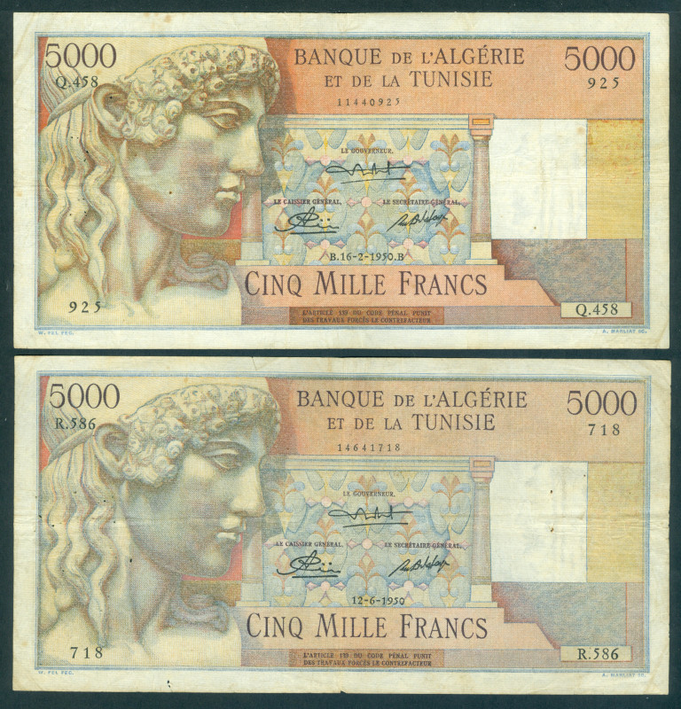 Algeria - 5000 Francs 12-6-1950 & 16-2-1950 Pythian Apollo at left (P. 109a) Tot...