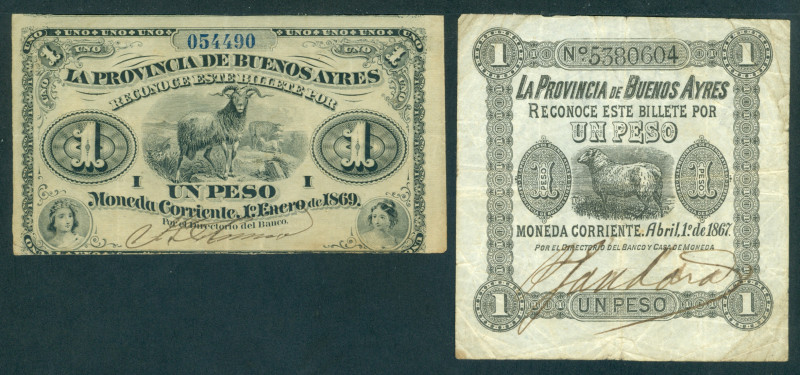 Argentina - Buenos Ayres, 1 peso 1867 Ram at center with pinhole & 1869 Woman at...