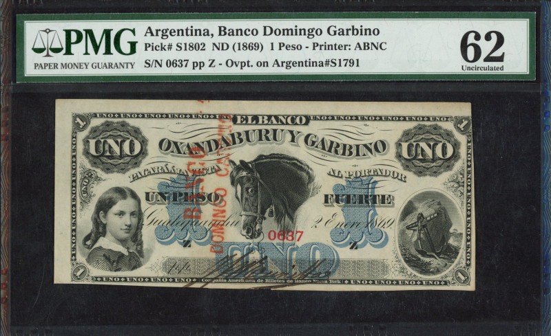 Argentina - Red stamp Banco Domingo Garbino ovpt. on Banco Oxandaburu y Garbino ...