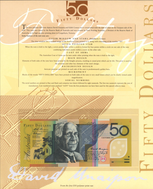 Australia - 50 Dollars (1997-98) Polymer sign. Fraser/Evans portrait of David Un...